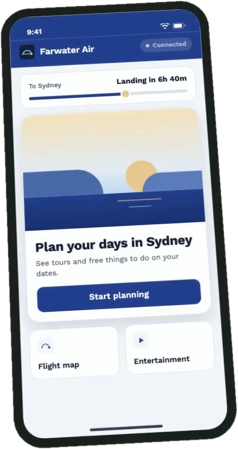 Farwater Air, a sample airline, on a phone in flight: Plan your days in Sydney, landing in 6 hours 40 minutes